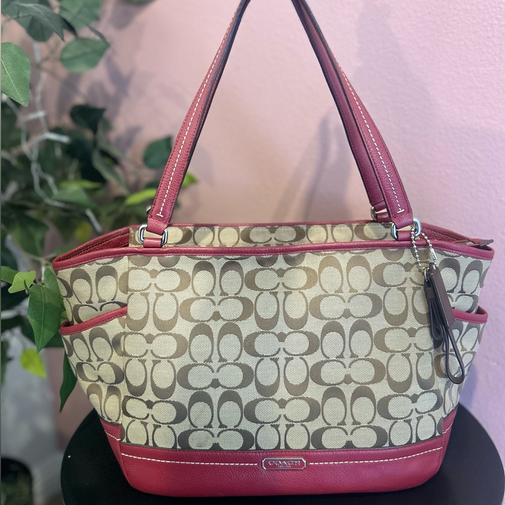 Coach Red and Tan Signature Tote